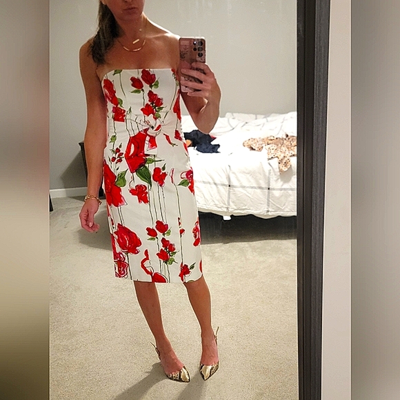 David Meister White and Red Floral Midi Dress - Picture 1 of 2